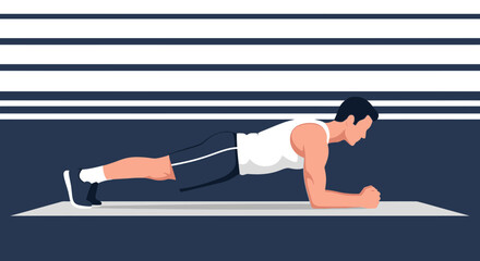 Obraz premium Man doing plank exercise on mat, fitness and healthy lifestyle concept