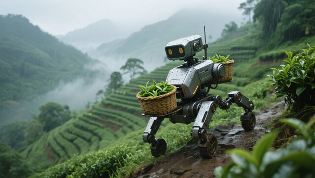 霧に包まれた段々畑で茶葉を収穫するバスケットを背負った多脚型の農業用ロボット