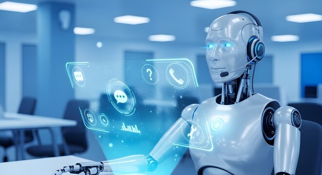 blue futuristic background_Futuristic AI Customer Service Robot Working in Modern Office