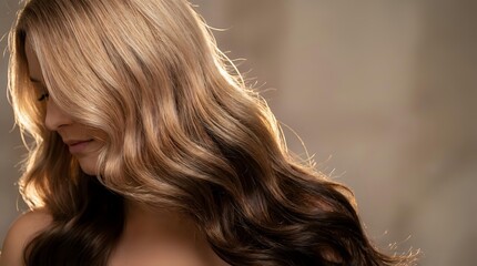 Naklejka premium Young woman with long wavy blonde hair in soft natural lighting showcasing healthy shiny locks for beauty and haircare concepts.
