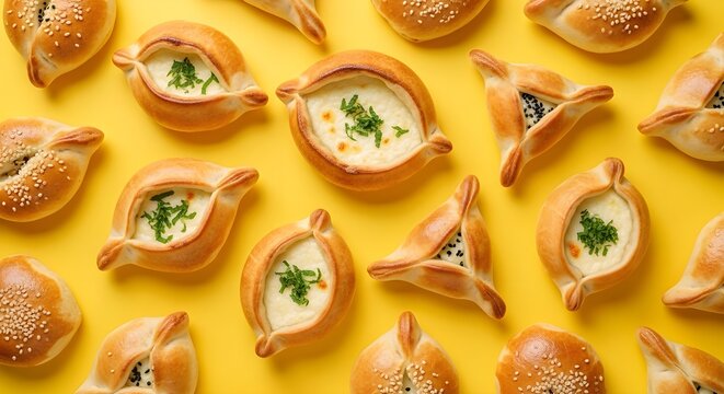 Arabic Fatayer and Manakeesh Pastries Top View Yellow Background
