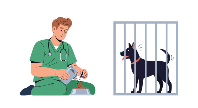 A male veterinarian in green scrubs feeds a black dog in a metal cage by pouring kibble into a bowl on a plain white background.