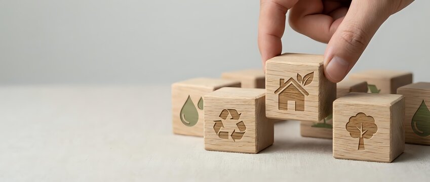 Hand selecting wooden cube with house icon among eco-friendly symbols representing sustainable living and environmental responsibility concepts.