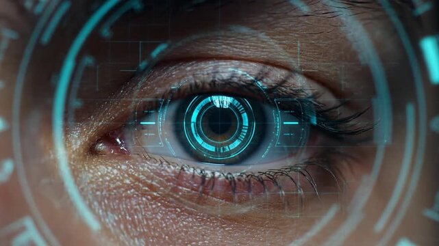 Human Eye with Futuristic Digital Interface Overlay Scanning and Analyzing Data