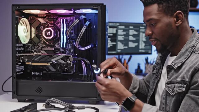 Man working on a custom gaming computer with transparent side panel.