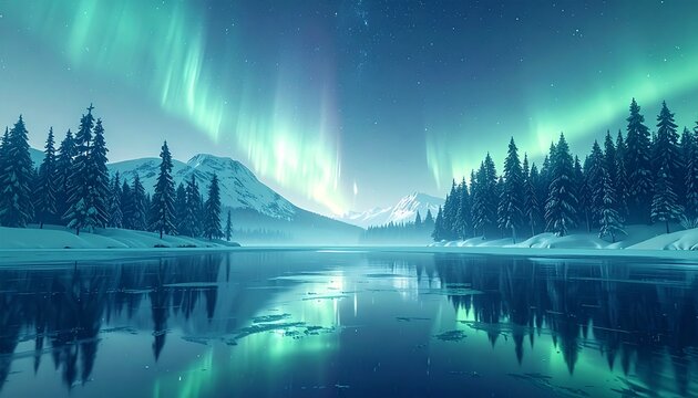 Brilliant green aurora lights sweep across a crystal night sky above snowy mountains and silent pine forests. Their glow reflects perfectly on the calm lake, creating a breathtaking winter scene of pu