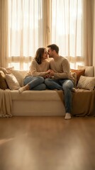 Obraz premium Young couple in love embracing on cozy beige sofa in warm sunlit living room with soft curtains creating intimate romantic atmosphere at home.