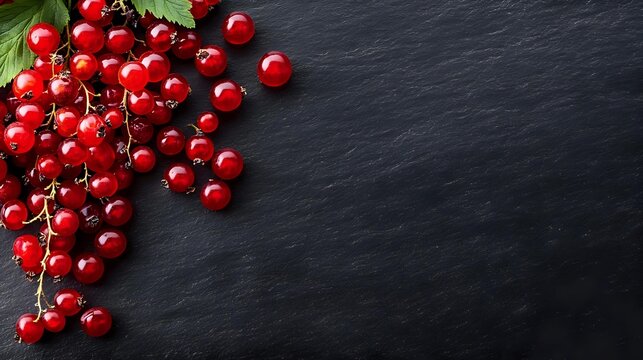 Fresh red currants with green leaves on dark slate background with copy space for culinary and healthy eating concepts.