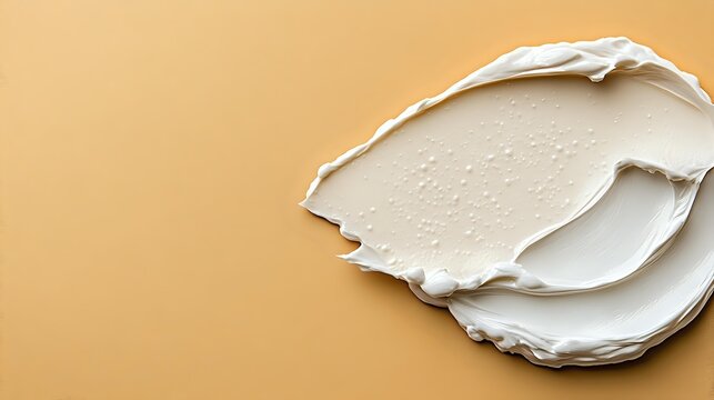 White cream cosmetic texture smear on beige background for skincare beauty product advertising and makeup application concepts.