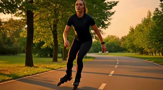 Young woman rollerblading on a scenic park path at sunset, enjoying an active outdoor lifestyle.