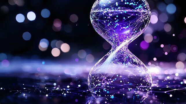 Glowing hourglass with purple light particles flowing through glass chambers against dark bokeh background representing time passage and cosmic energy flow.