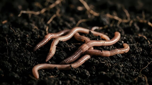 Pink earthworms crawling through dark rich soil with organic matter and plant debris, showcasing natural decomposition and soil health processes.