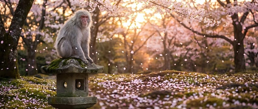 Japanese macaque monkey sitting on stone lantern during cherry blossom season with pink petals falling and warm golden sunlight filtering through blooming sakura trees.