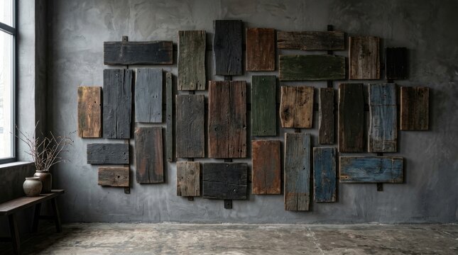 Assortment weathered reclaimed wood planks mounted on dark gray concrete wall, for rustic interior design, salvaged materials, textured wall art