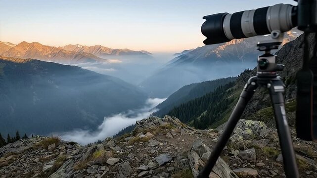 Camera on tripod capturing mountain landscape.