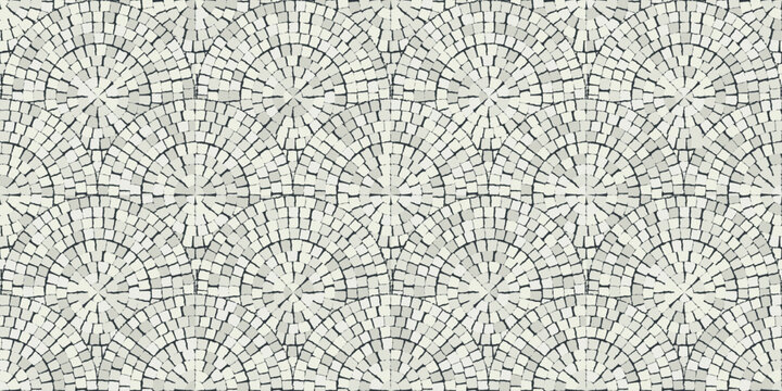 Ancient Roman fan mosaic tile pattern. Vector seamless white stone pavement texture with radial arched ornament for Mediterranean architectural design.