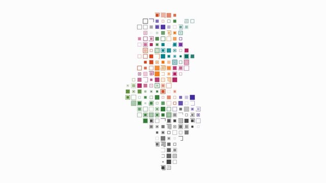 Tunisia animation. Shape of the country with pulsating colored dots. Large size square blocks. Digital style map on white background. Creative video.