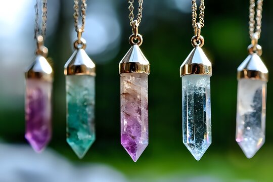 Colorful crystal pendant necklaces with gold chains featuring amethyst, fluorite and clear quartz gemstones for jewelry making and spiritual healing.