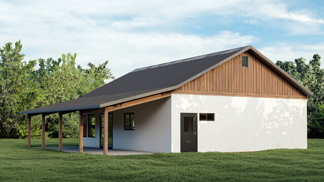 Modern White Farmhouse Style Workshop with Covered Porch and Wood Accents 3D Render