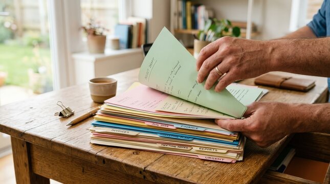 A person organizing and reviewing a stack of colorful documents on a wooden table in a cozy, well-lit room.