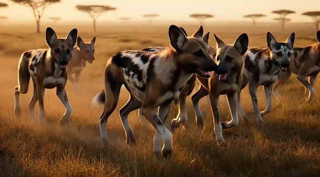 African Wild Dogs Pack Running Across Savannah at Sunset.