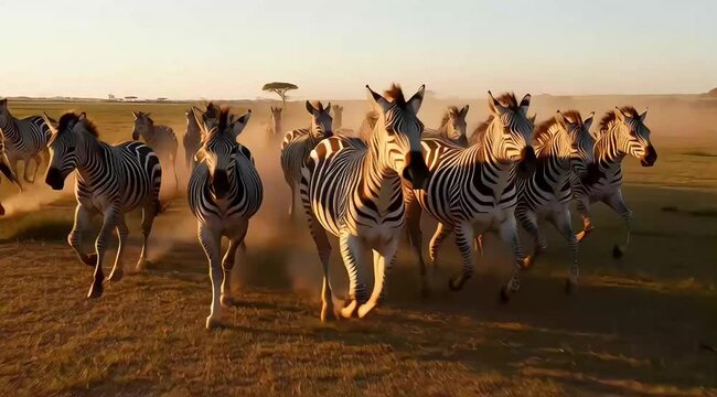 Herd of Zebras Running Across African Savanna at Sunset.