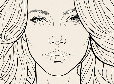  Beautiful hand drawn line art portrait sketch of a young woman looking at camera