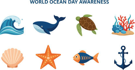 A World Ocean Day graphic with ocean animals and objects including a whale turtle fish starfish and anchor © Jakmania