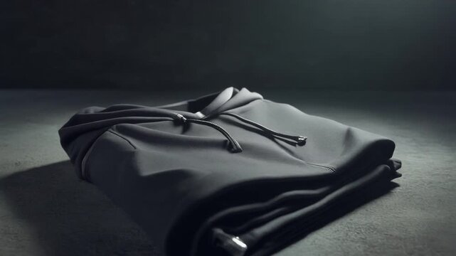 Technical Fleece Fold. Lifestyle-Ready Soccer/Football Product Mockup. Everyday Usability. A dark grey technical fleece hoodie folded neatly on a textured concrete surface, set in a industrial studio
