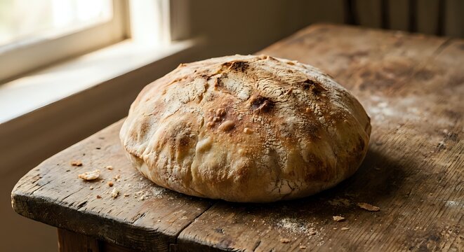Freshly baked artisan bread loaf with golden crust on rustic wooden cutting board near window, homemade bakery product for kitchen and cooking concepts.
