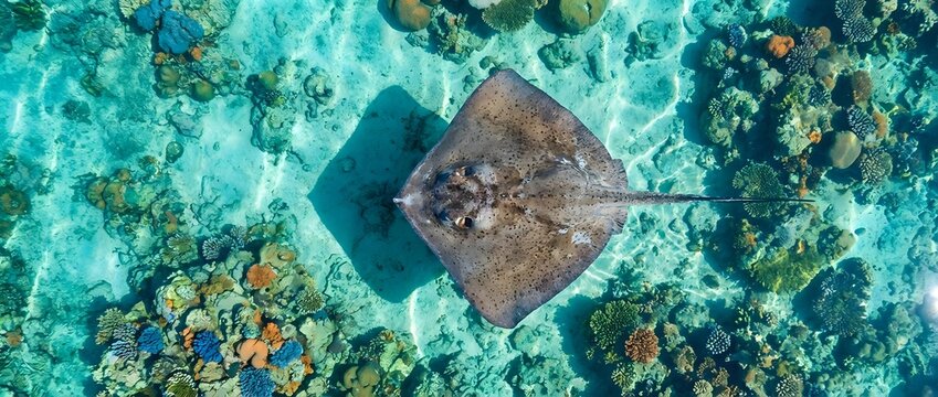 Aerial view of stingray swimming over vibrant coral reef in crystal clear turquoise tropical waters. Marine wildlife and underwater ecosystem from above.
