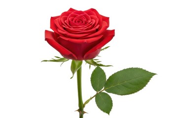 Fototapeta premium Single deep red rose bloom stands tall against a pure white background