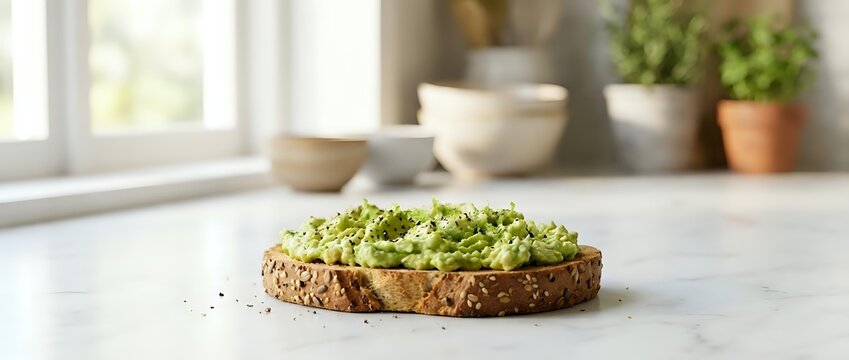 Fresh avocado toast on rustic bread slice placed on white marble countertop in bright modern kitchen with natural sunlight and green plants in background.