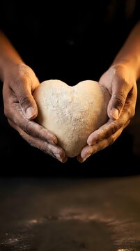 Hands covered in flour holding heart-shaped dough against dark background. Baking, cooking and food preparation concept for culinary projects.
