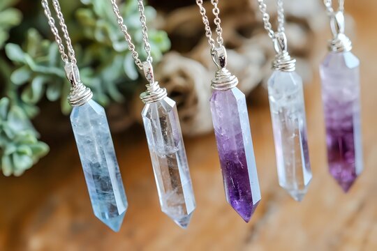 Collection of healing crystal pendant necklaces with amethyst and clear quartz stones in silver wire wrapping for spiritual jewelry and meditation.