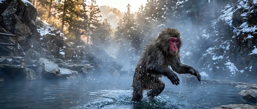Japanese macaque monkey bathing in natural hot spring during winter snowfall with steam rising from thermal waters in snowy mountain landscape.
