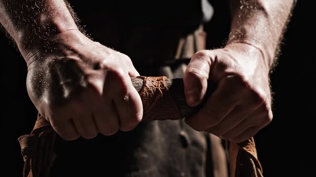 Man's hands gripping a leather apron strap tightly.