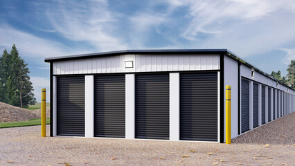 Fototapeta premium Modern self-storage facility with black roll-up doors, 3D render architectural visualization