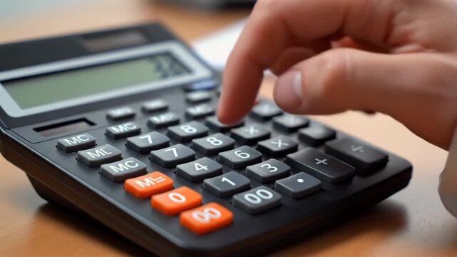 Closeup hands pressing calculator buttons black desktop calculator with orange function keys on wooden desk fingers tapping numbers ambient office lighting accountant balancing invoices receipts