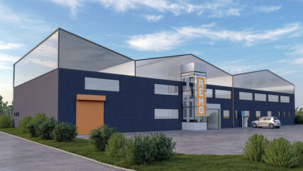 Obraz premium Modern industrial warehouse and office building with dark brick facade and glass roof, 3D render