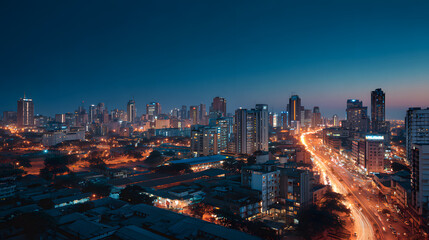 Naklejka premium Bustling Contemporary City Skyline at Dusk in a Developing African Metropolis
