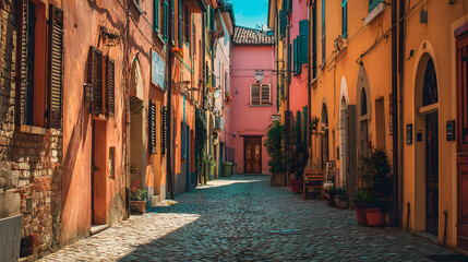 Fototapeta premium Charming Cobblestone Street in Historic Italian City Bathed in Warm Sunlight
