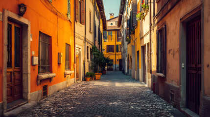 Fototapeta premium Charming Cobblestone Street in Historic Italian City Bathed in Warm Sunlight