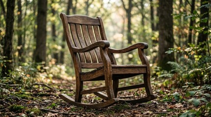 Fototapeta premium Rustic wooden rocking chair sitting peacefully in sun-dappled autumn forest, for tranquility, solitude, mindfulness, natural beauty, quiet escape, nostalgic reflection