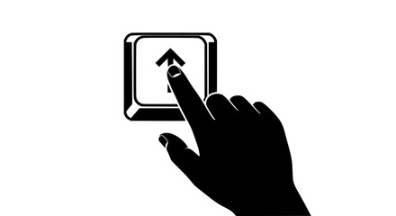 Black silhouette of a human index finger pressing the up arrow key on a stylized computer keyboard button for navigation, scrolling, uploading, or activation in a simple, graphic, monochromatic design
