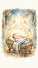 Naklejka premium Baby Jesus with soft angel light watercolor nursery illustration