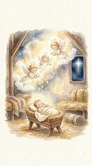 Naklejka premium Baby Jesus with soft angel light watercolor nursery illustration
