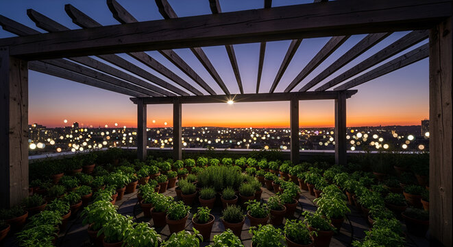 A serene rooftop garden at dusk with a pergola overlooking a cityscape during sunset in a realistic photographic style with lush greenery and vibrant evening sky
