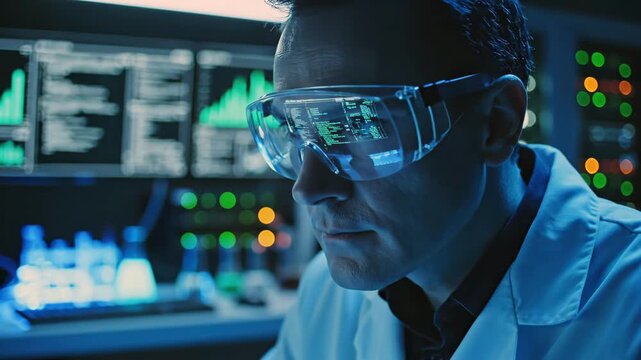 Scientist analyzing realtime data on laboratory monitors, protective goggles reflecting glowing charts, focused researcher working in dark lab environment, advanced technology research scene