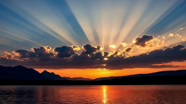 A breathtaking wide shot captures a stunning sunset or sunrise over a tranquil body of water, possibly a lake or ocean. Majestic crepuscular rays pierce through dramatic clouds, casting ethereal light